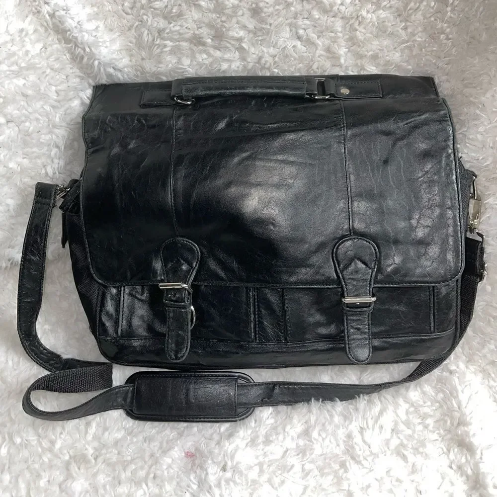 Wilson leather Black Leather Briefcase laptop Nylon side silver tone hardwares.